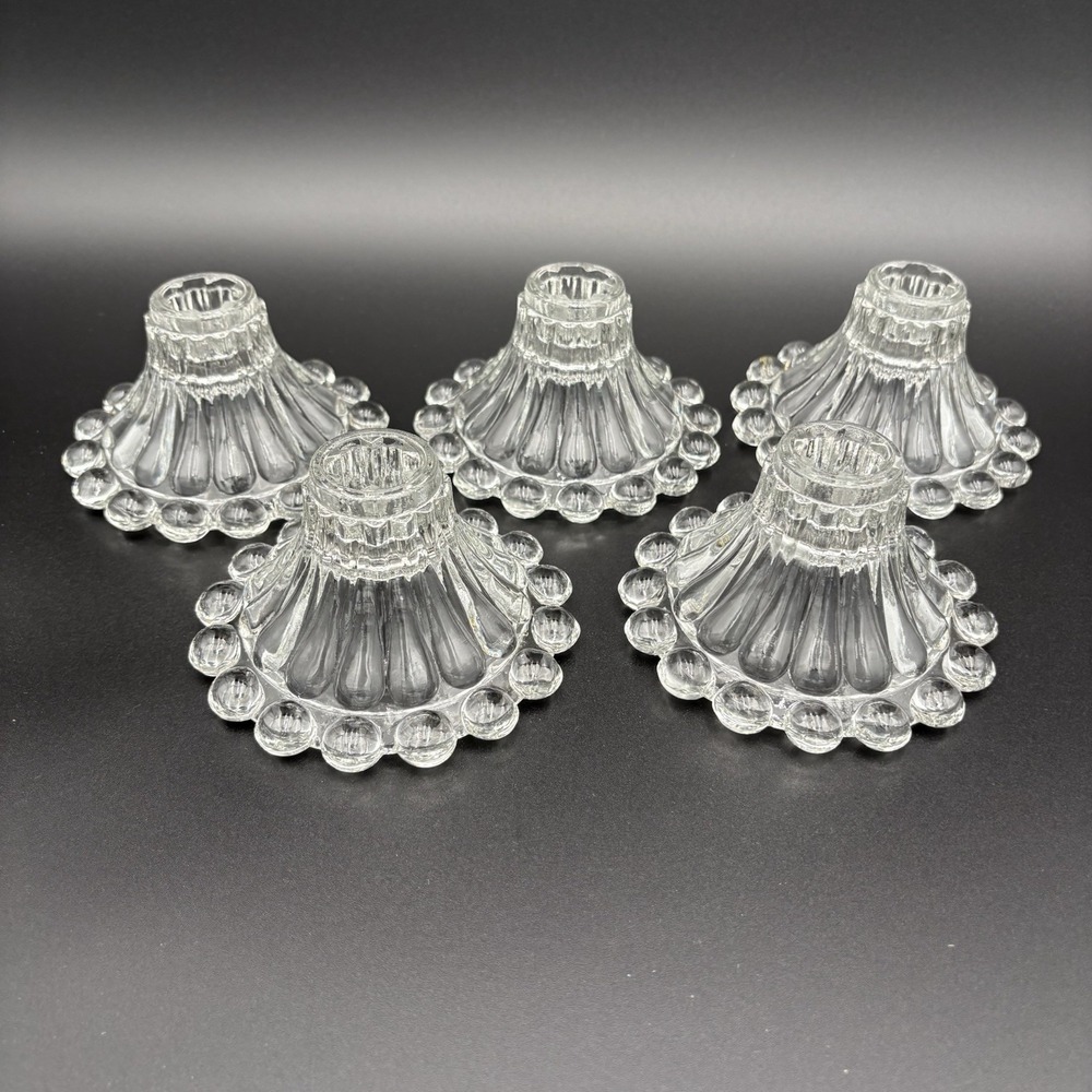 Anchor Hocking Berwick Boopie Clear Candlesticks Set Of 5 Beaded Glass MCM